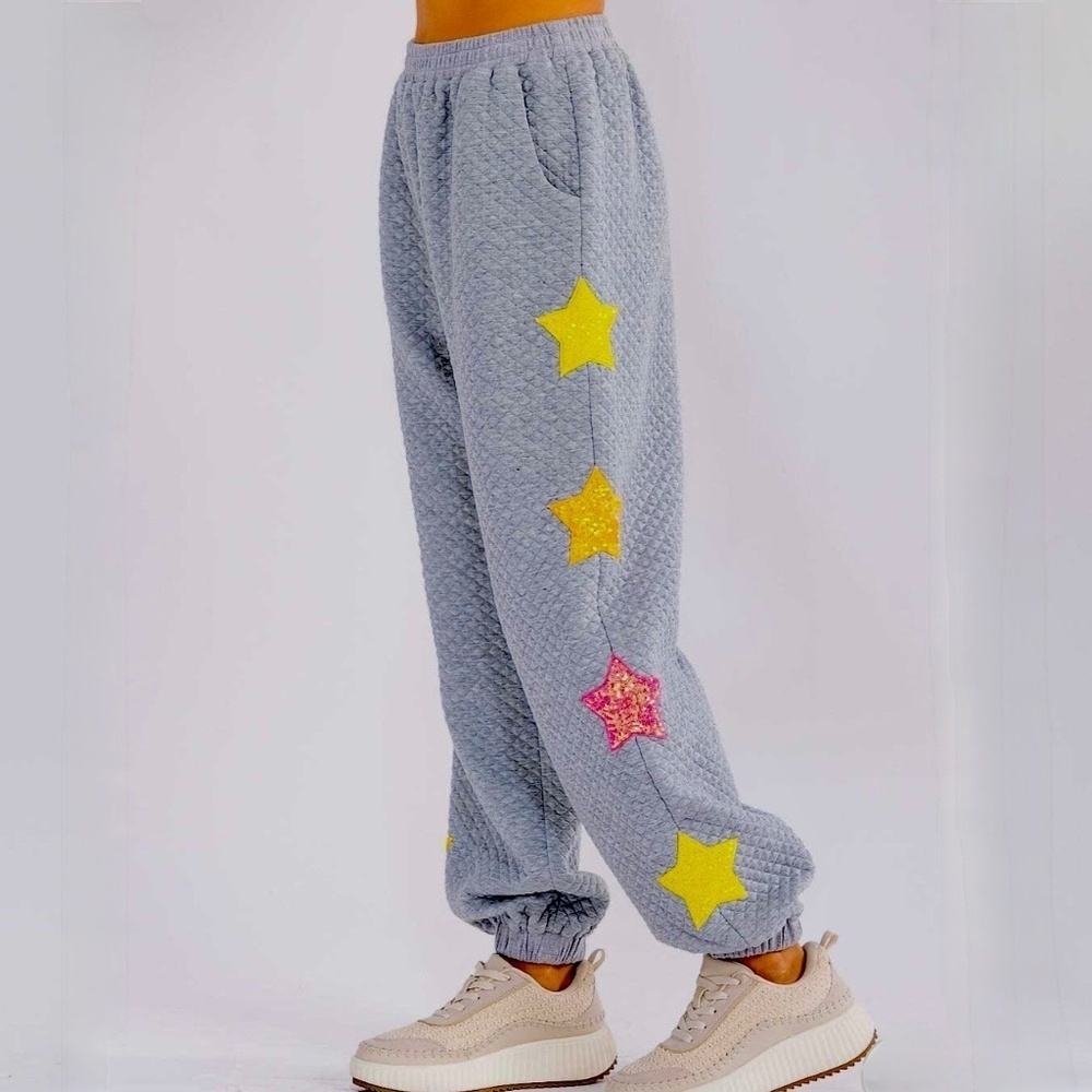 WOMEN'S ELASTIC WAIST FRONT POCKET SEQUINS STARS DETAILED SWEATPANTS